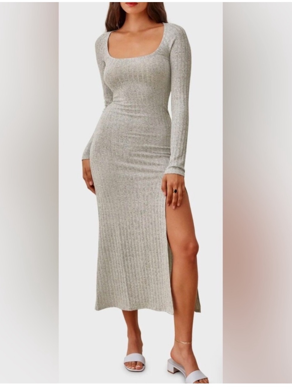 Reformation Ribbed Scoop-Neck Long-Sleeve Midi Dress in Light Gray